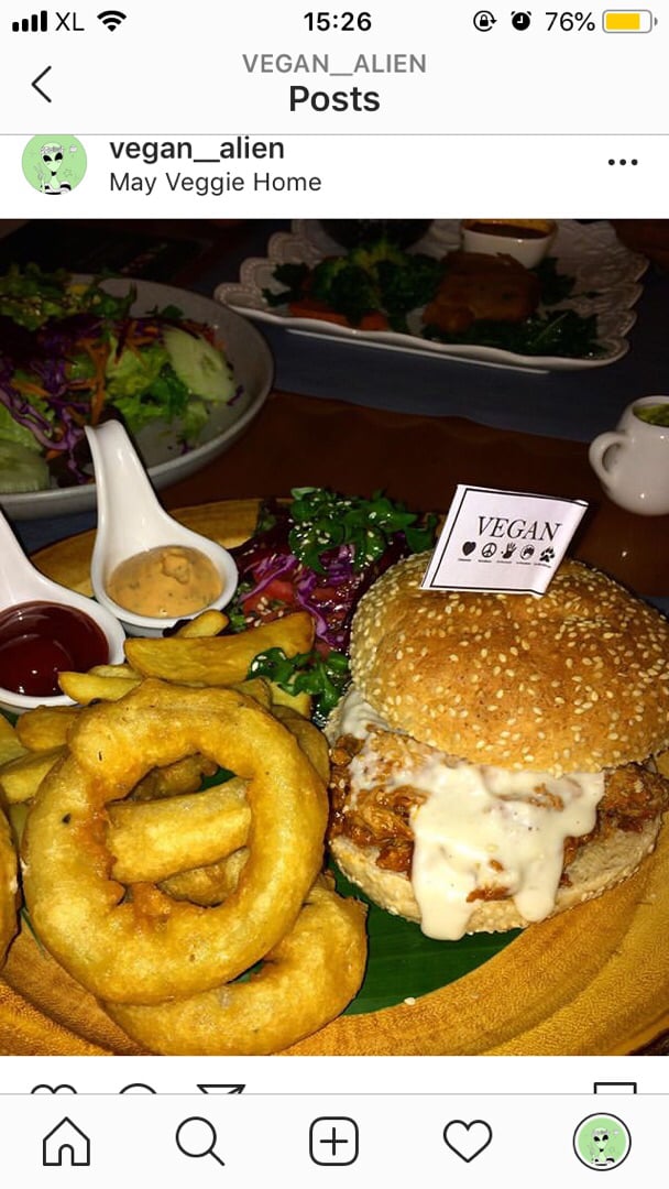 photo of May Veggie Home Bbq cheeseburger with fries and onion rings shared by @vegan-alien on  01 Apr 2020 - review
