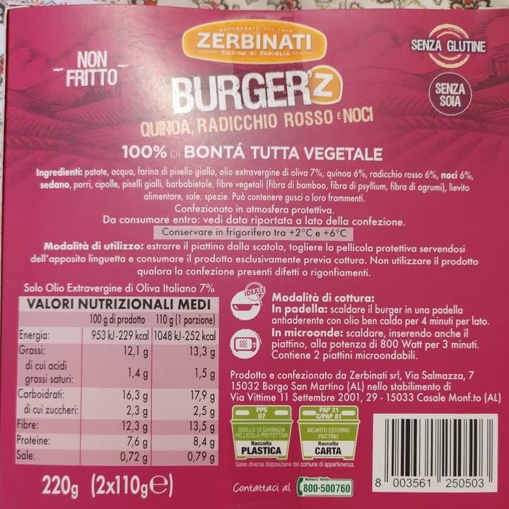 photo of Zerbinati Burger Quinoa, Radicchio Rosso E Noci shared by @sisvegan on  22 Dec 2021 - review