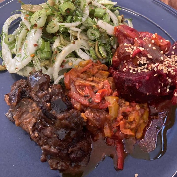 photo of Between Us Vegan array of caponata, roast root veg & peperonata etc shared by @emmaclairepeter on  08 Oct 2022 - review