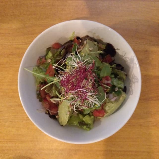 Foto do prato “Mezclum azteca con frijoles negros, pico de gallo, guacamole, rucula y semillas”