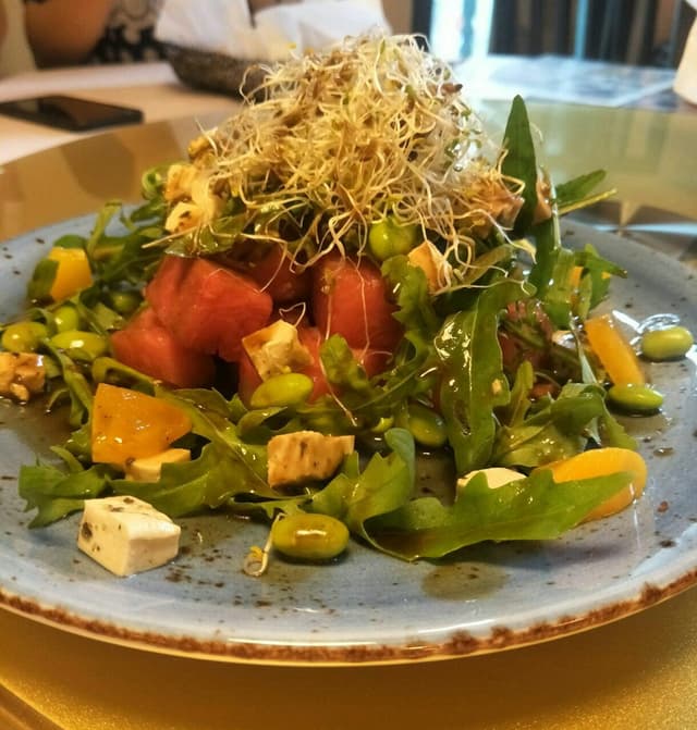 Photo of the dish “Watermelon Tofeta Arugula Salad with Balsamic Drizzle”