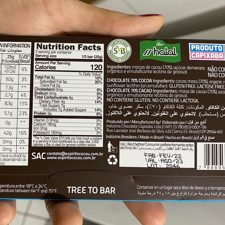 photo of Espírito Cacau Chocolate 70% shared by @samia111 on  18 Jun 2022 - review