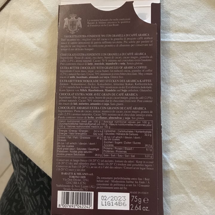 photo of Baratti & Milano Cioccolato extra fondente 70% con granella di caffè arabica shared by @littlesecu on  06 Jan 2022 - review