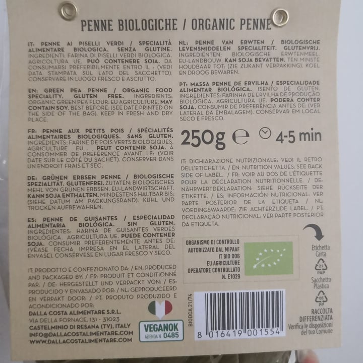 photo of Dalla costa Penne biologiche 100% piselli shared by @vivianacantoo on  19 Jan 2022 - review