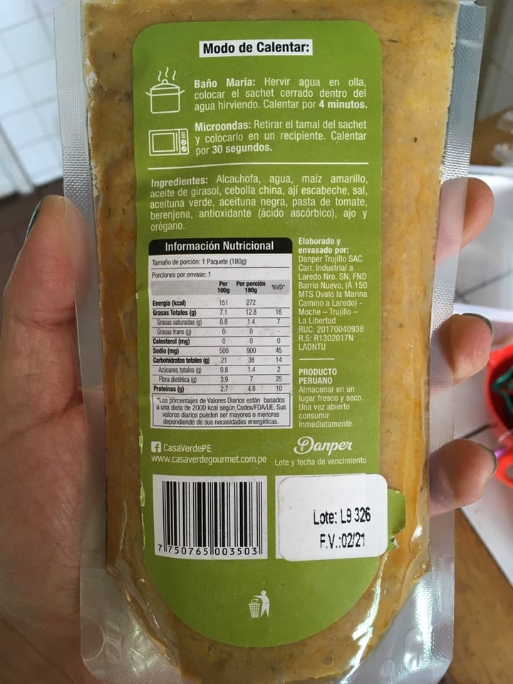 photo of Casa Verde Gourmet Tamal De Alcachofa shared by @moraviajetariana on  03 Mar 2020 - review