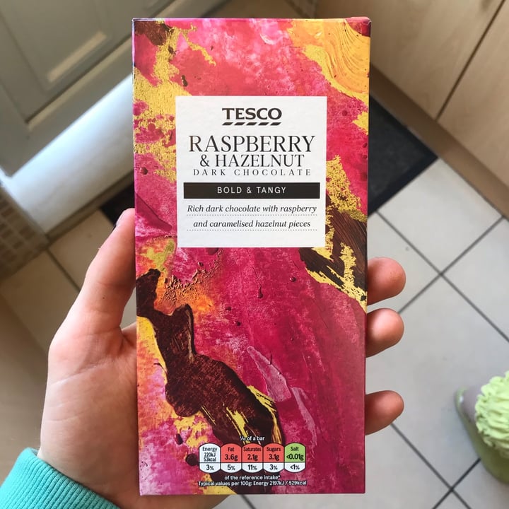 photo of Tesco Raspberry and Hazelnut Dark Chocolate shared by @morganthomas on  27 Apr 2021 - review