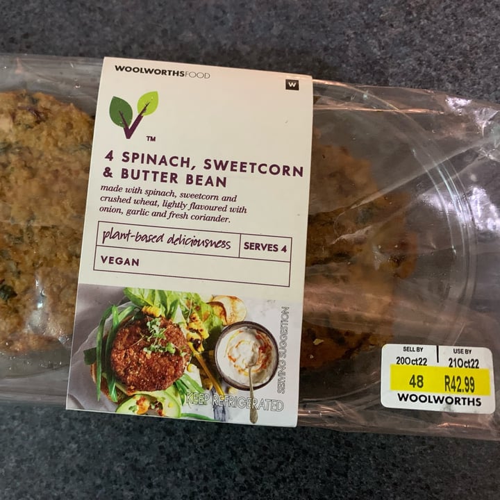 photo of Woolworths Food spinach sweetcorn butterbean patty shared by @greendawning on  19 Oct 2022 - review