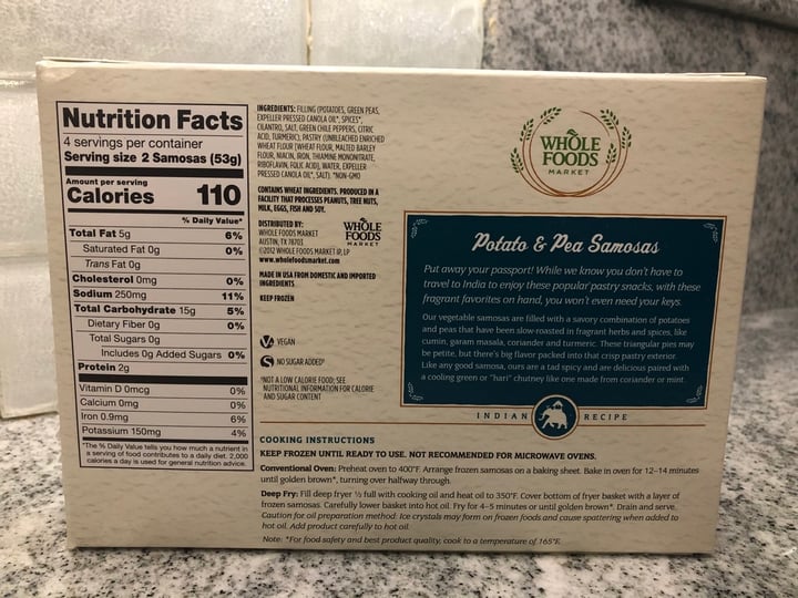 photo of Whole Foods Market Potato & Pea Samosas shared by @carefreeveg on  17 Jan 2020 - review