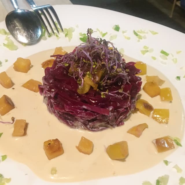 Photo of the dish “Marinated red cabbage and apples on tahini sauce”