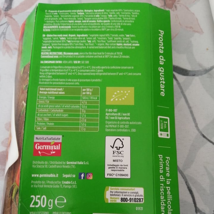 photo of Germinal Bio Lasagna al Ragù Vegetale shared by @eliveg on  13 May 2022 - review