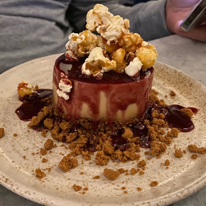 review photo of Mildreds Restaurant Caramel cheesecake with berry coulis and caramel popcorn shared by @faithveg on 10 May 2022 - review