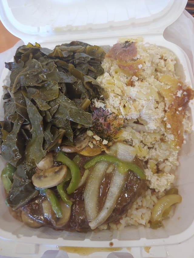 Photo of the dish “Vegan Salisbury Steak with Vegan Mac n Cheese and Collards”
