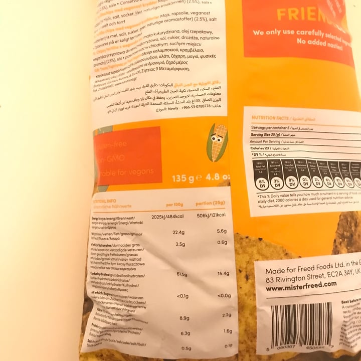 photo of Mister Free'd Tortilla Chips Cheese Flavoured shared by @veganforanimal on  12 Jun 2022 - review