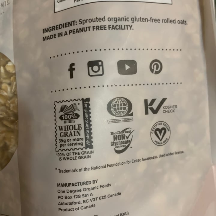 review photo of One Degree Organic Foods Gluten free sprouted oats shared by @veronica11 on 06 Mar 2021 - review