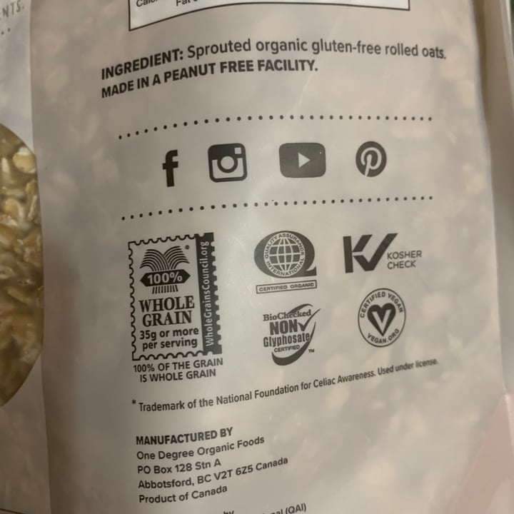 photo of One Degree Organic Foods Gluten free sprouted oats shared by @veronica11 on  06 Mar 2021 - review