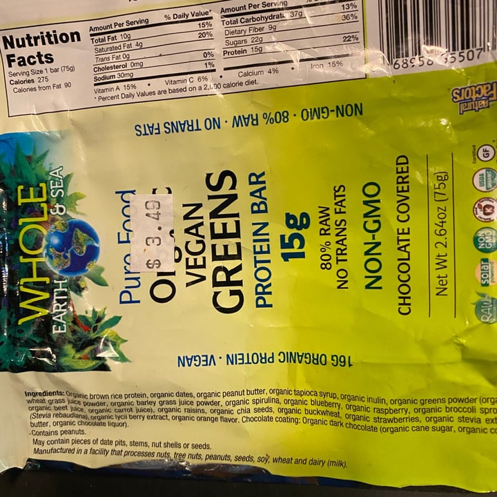 photo of Whole Earth & Sea Pure Food Organic Vegan Greens Protein Bar shared by @cheftique on  07 Sep 2021 - review