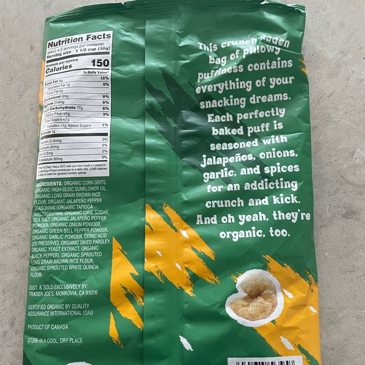 photo of Trader Joe's Organic Jalapeño Seasoned Corn & Rice Puffs shared by @veg4n on  10 Feb 2021 - review