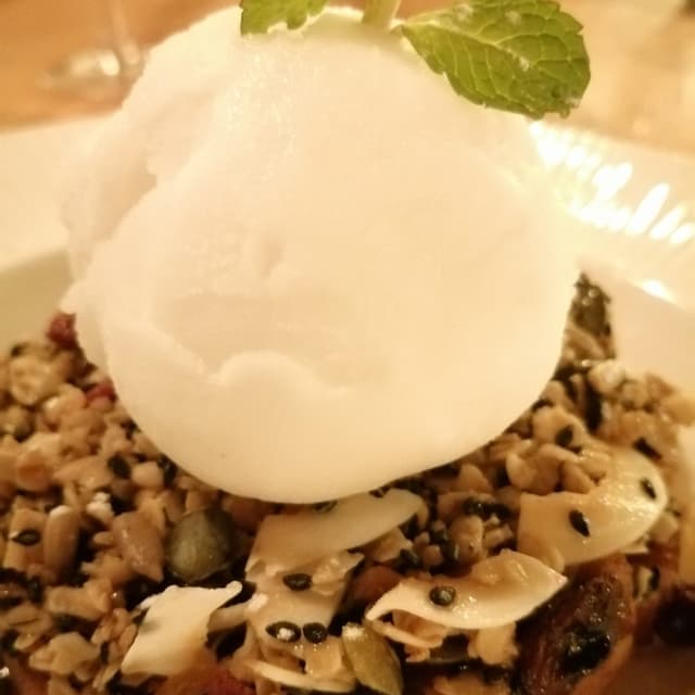 Photo of the dish “Warm spiced apple & raisin roasted nut crumble, mixed berry sorbet”