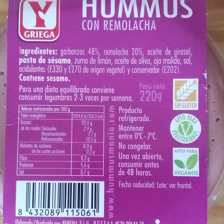 photo of Y Griega Hummus con Remolacha 220g shared by @titoherbito on  22 Dec 2022 - review