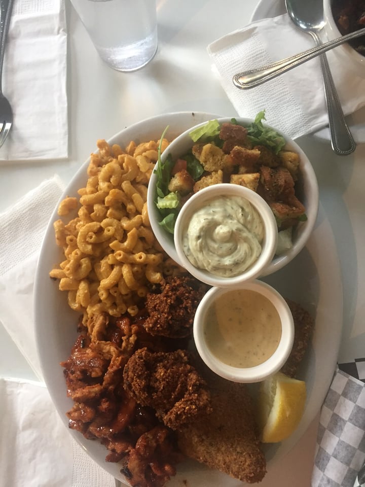 photo of Homegrown Smoker Combo plate with Fufish and soy curls, hush puppies, mac n cheese& salad shared by @klc on  03 Aug 2018 - review