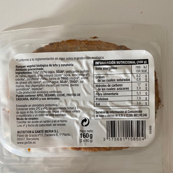 photo of Gerblé Hamburguesa Tofu Zanahoria shared by @paulamayool on  04 Dec 2020 - review