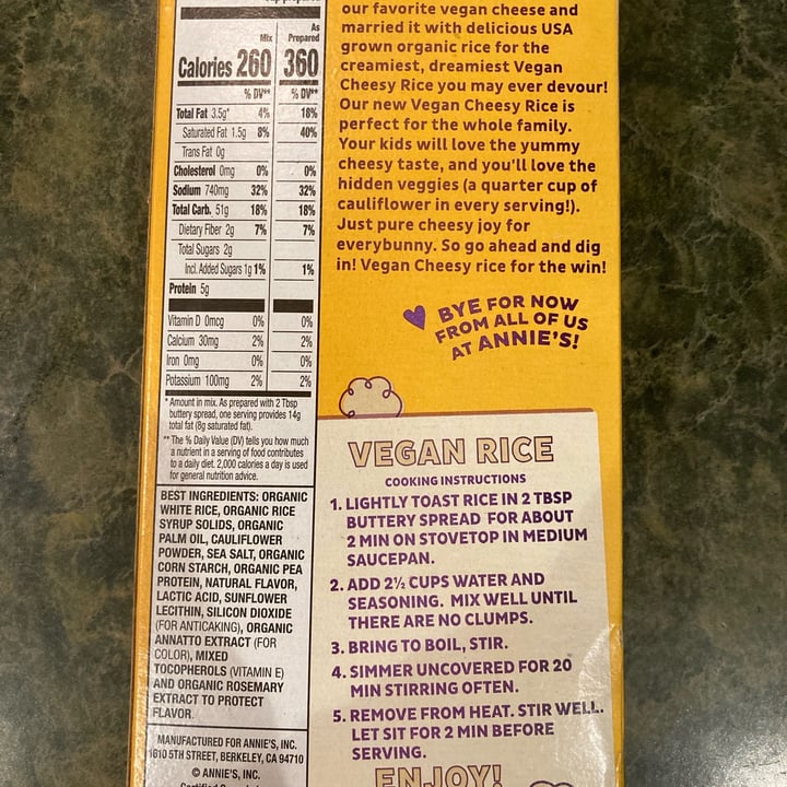 photo of Annie’s Vegan Cheesy Rice (Aged Cheddar Flavor) shared by @tammydillon on  17 May 2022 - review