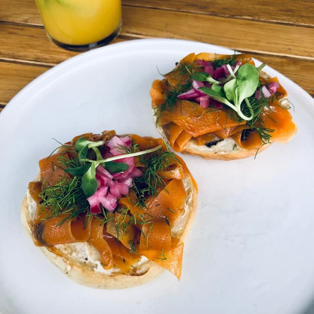Photo of the dish “Carrot Lox And Cashew Cream Bagel”