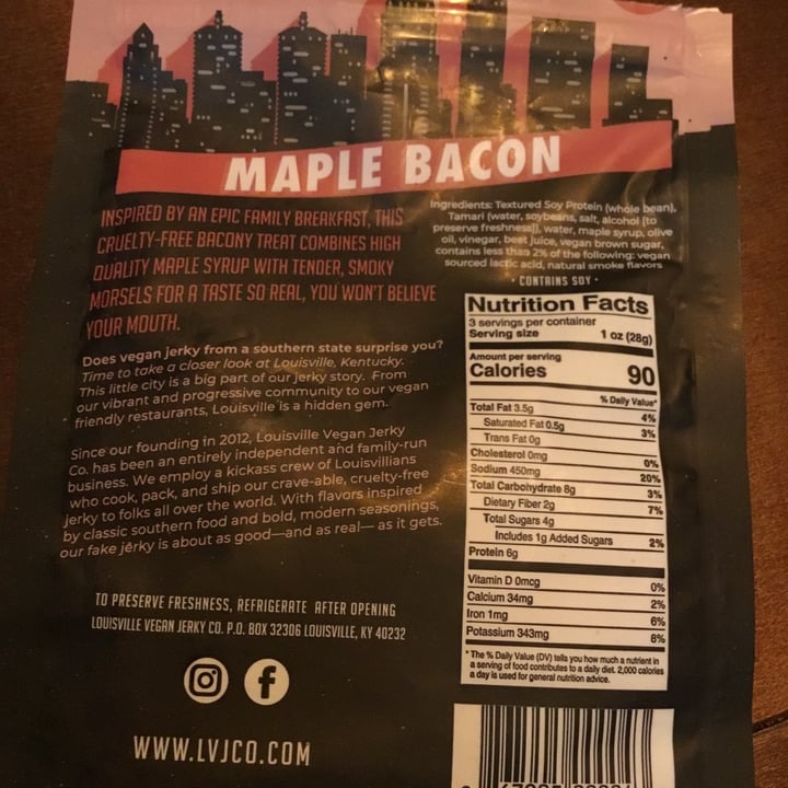 photo of  Louisville Vegan Jerky Co. Maple bacon vegan jerky shared by @vivalaviolet on  28 Mar 2021 - review
