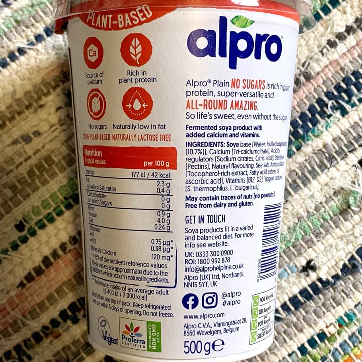 photo of Alpro Plain No Sugars shared by @vegpledge on  25 May 2022 - review