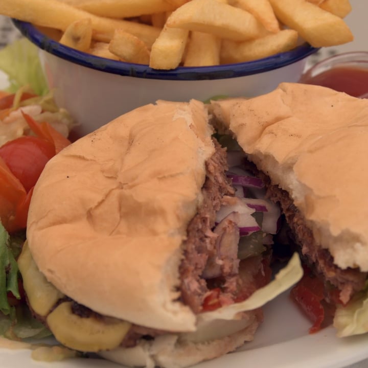 photo of The Retreat Animal Rescue Burger and chips, with side salad shared by @veggierob on  19 Sep 2020 - review