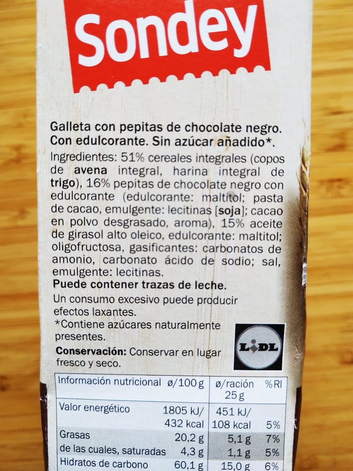 photo of Sondey Cookies con Pepitas de Chocolate sin Azúcar shared by @tomatoandpotatovegan on  01 Mar 2020 - review