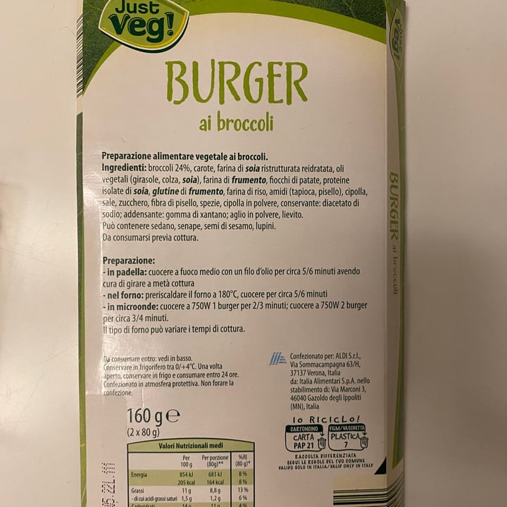 photo of Just Veg! (ALDI Italy) Burger Ai Broccoli shared by @mariamagri on  14 May 2022 - review