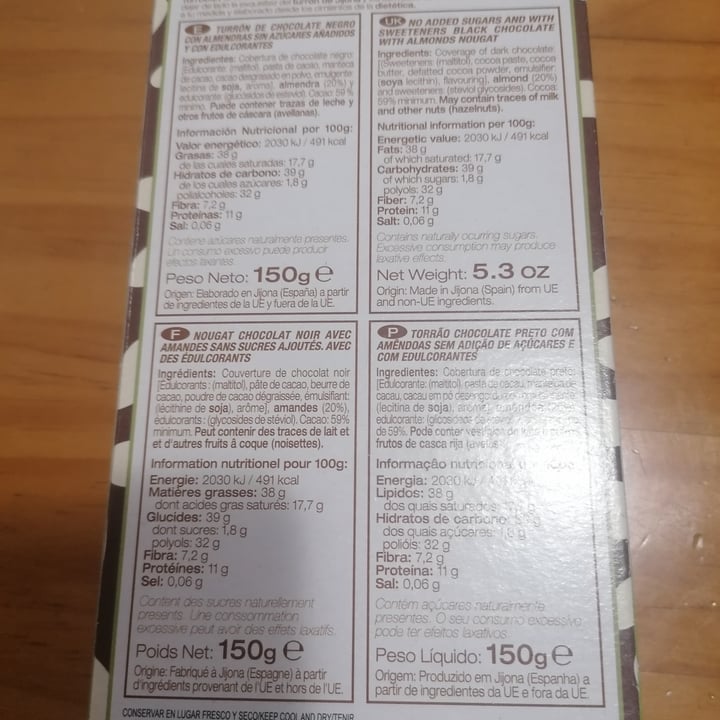 review photo of Turro Diet Turrón de chocolate negro con almendras shared by @lauraporteiro on 10 Feb 2021 - review
