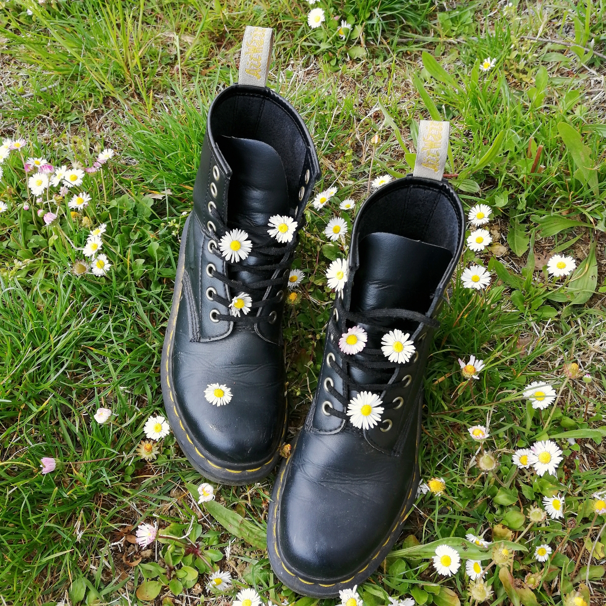 Vegan 1460 Felix Lace Up Boots in Black - Black Vegan Dr. Marten Boots on grass