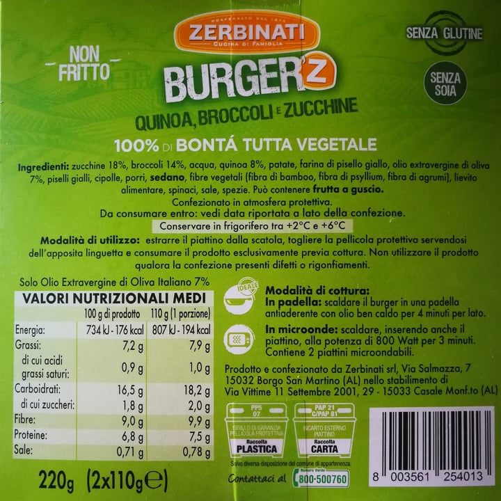 photo of Zerbinati Burger'Z Quinoa, Broccoli e Zucchine shared by @camyveg on  11 Jun 2021 - review