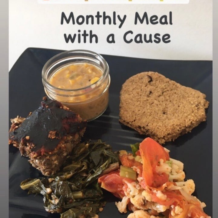 review photo of Eureka Compass Vegan Food Sunflower lentil loaf, corn chowder, roasted tomatoe salad, stewed greens shared by @mnvegan on 20 Feb 2021 - review