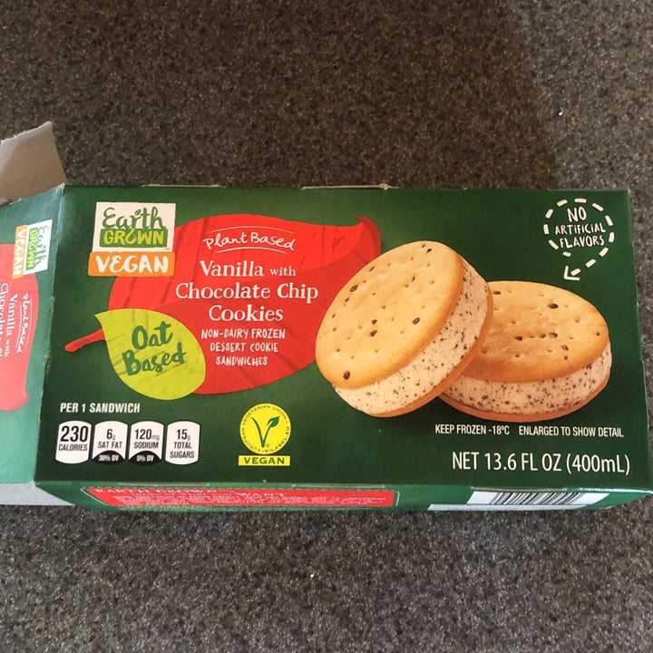 review photo of Earth Grown Vanilla with Chocolate Chip Cookies Non-Dairy Frozen Dessert Cookie Sandwiches shared by @sheckland on 04 Sep 2022 - review