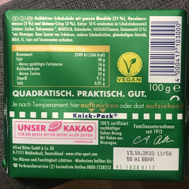 review photo of Ritter Sport Mandel Quinoa 50% Cacao shared by @emmelle on 23 Feb 2022 - review