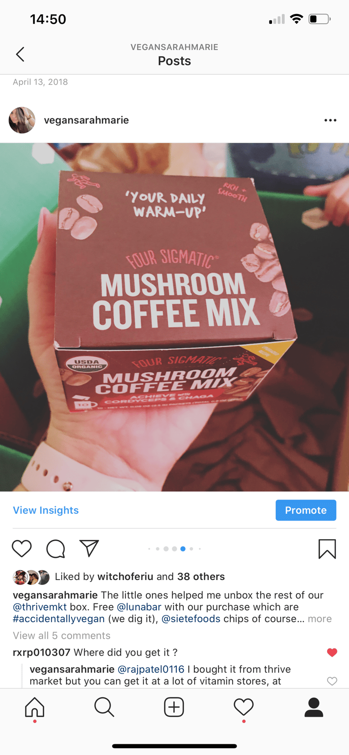 photo of Four Sigmatic Mushroom Coffee With Lion’s Mane & Chaga shared by @vegansarahmarie on  02 Mar 2020 - review