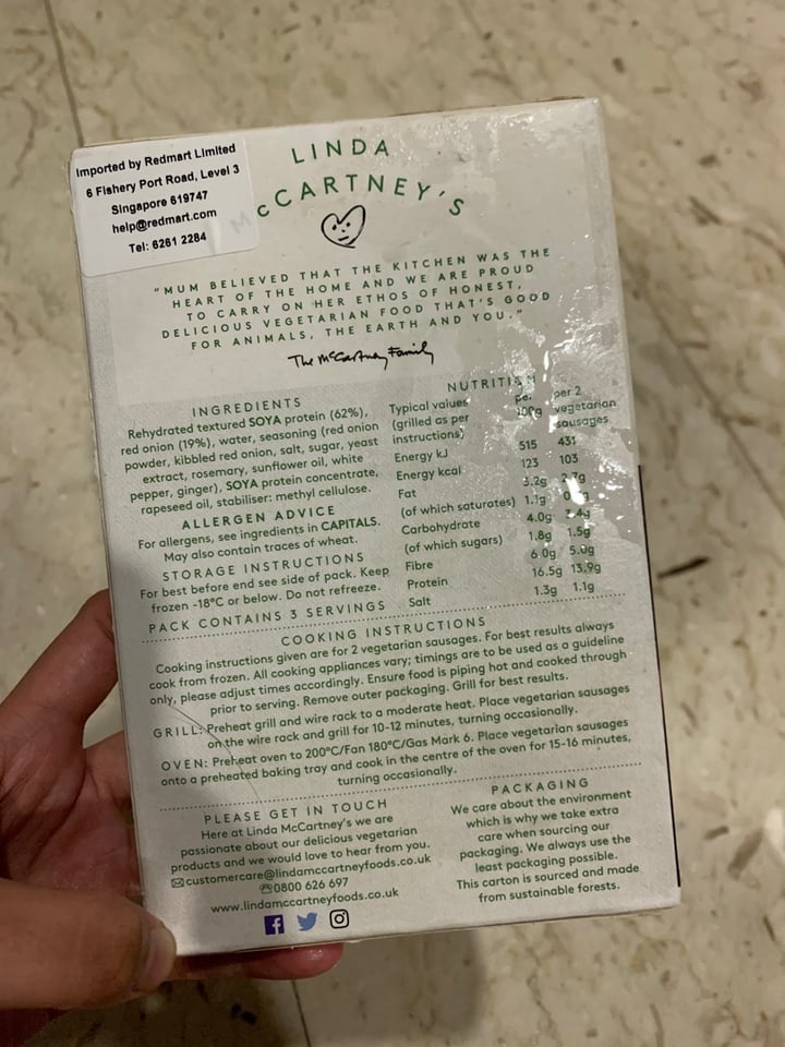 review photo of Linda McCartney's 6 Vegetarian Red Onion & Rosemary Sausages shared by @yasminchia on 04 Mar 2020 - review