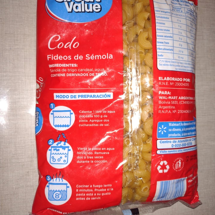 photo of Great Value  Fideos de sémola Codo shared by @antito08 on  19 Jun 2021 - review