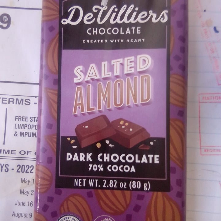 photo of De Villiers Chocolate Devilliers Chocolate Salted Almond Dark Chocolate shared by @earthchild24 on  16 Sep 2022 - review