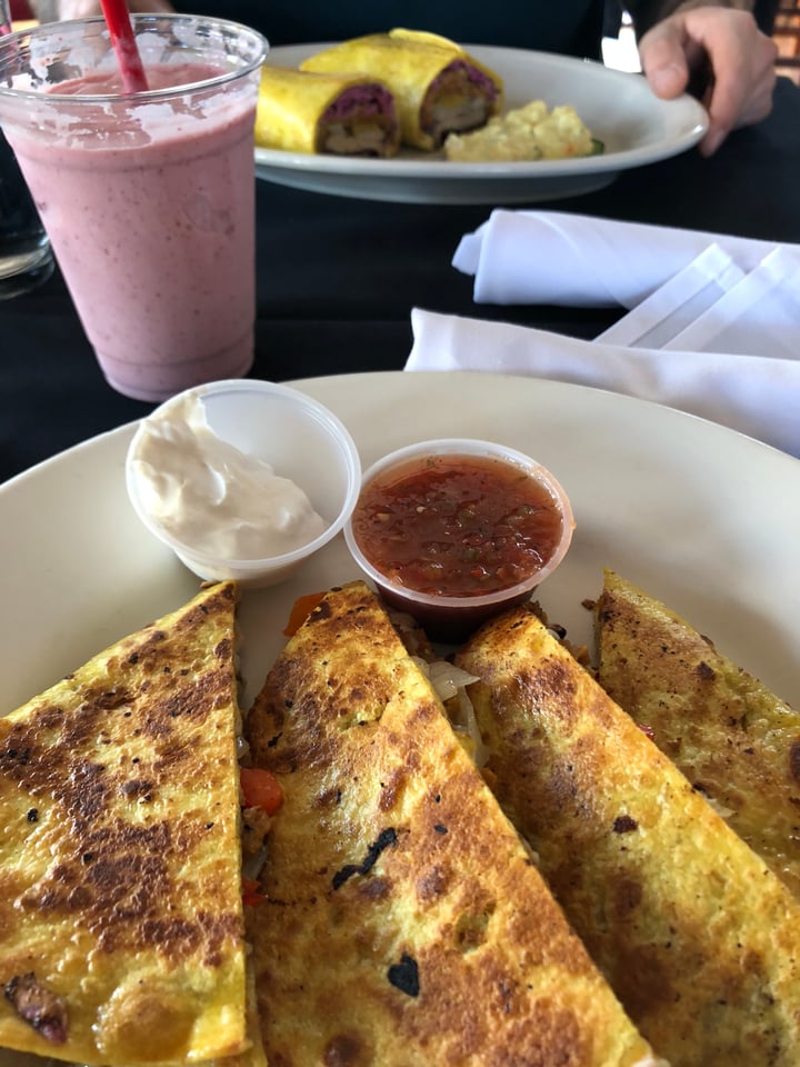 review photo of Quickie Too A Vegan Cafe Quesadilla and strawberry shake shared by @ericaveg on 11 Apr 2018 - review