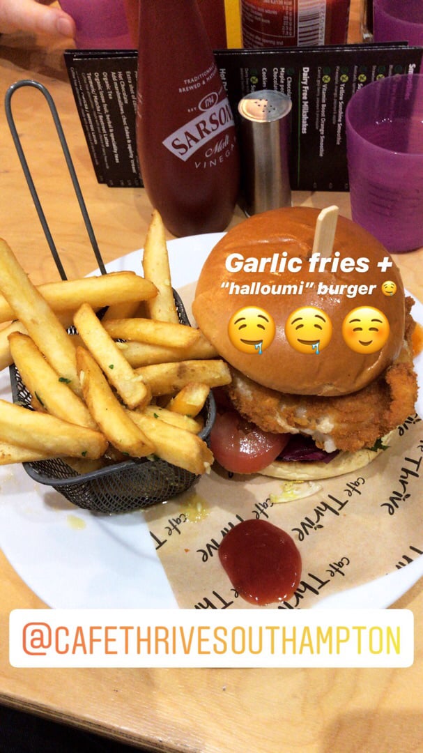 review photo of Cafe Thrive Halloumi Burger And Garlic Fries shared by @amyrowlou on 05 Oct 2019 - review