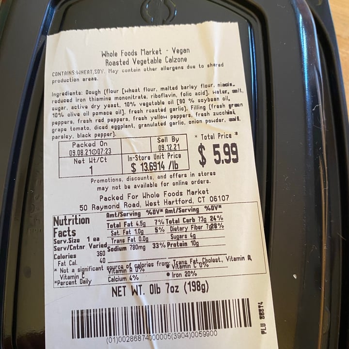 review photo of Whole Foods Market Vegan calzone shared by @krisgreenrose3 on 13 Sep 2021 - review