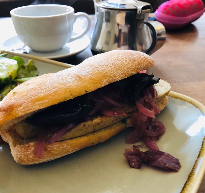 review photo of Goji Cafe Vegetarian Cafe & Deli Vegan Sausage on ciabatta with chunky mushrooms and fried red onions shared by @elfie33 on 08 Mar 2020 - review