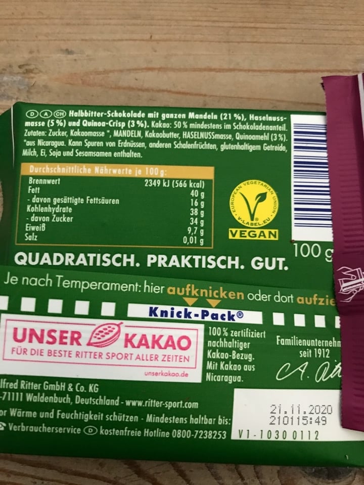 review photo of Ritter Sport Mandel Quinoa 50% Cacao shared by @nicmue64 on 13 Apr 2020 - review