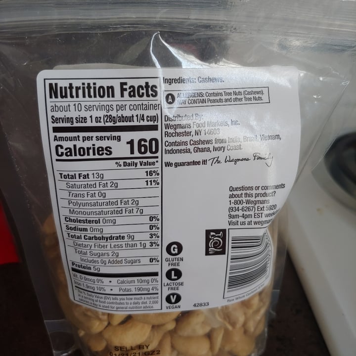 photo of Wegmans Raw Cashews shared by @vecanter on  11 Jul 2020 - review