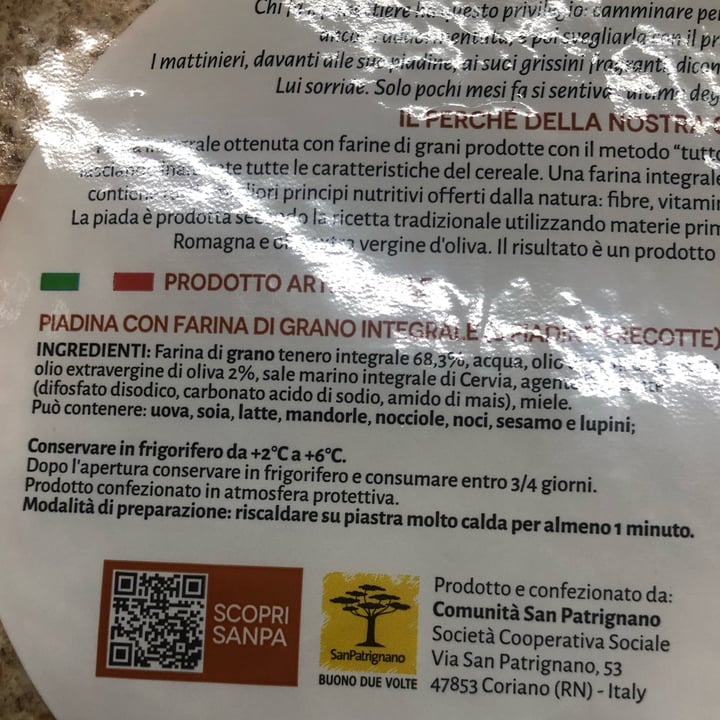 photo of San Patrignano Piada integrale con grano macinato tuttocorpo shared by @rossrebel on  14 Oct 2022 - review