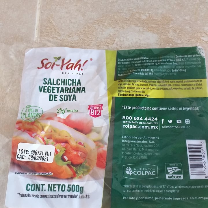 photo of Soi-yah! Salchicha vegetariana de soya shared by @elviaveg on  29 Jun 2021 - review